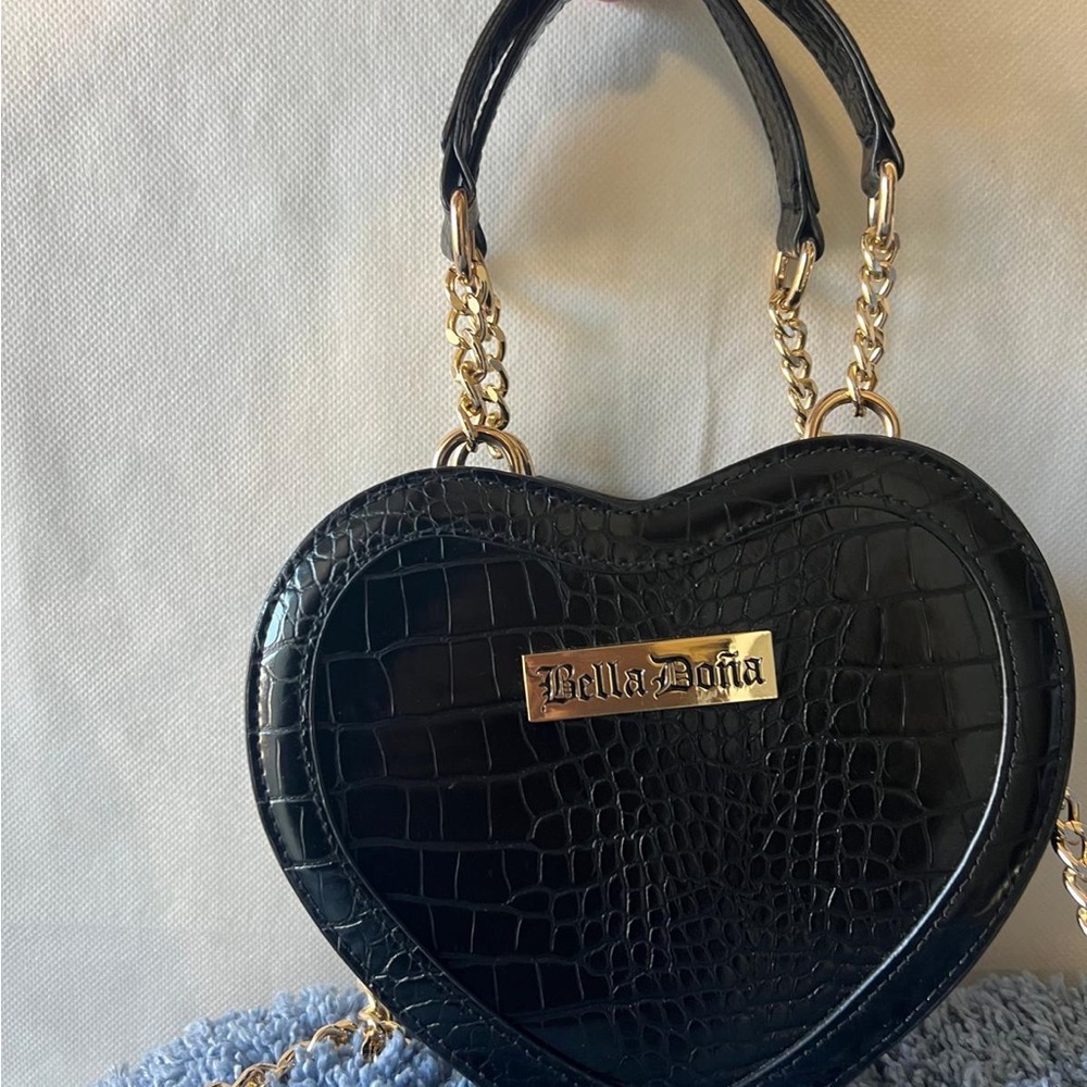 Bella D. Black Croc-Embossed Heart Mini Bag with Gold Hardware